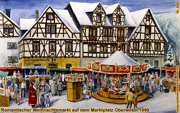 Romantischer Weihnachtsmarkt auf dem Marktplatz in Oberwesel 1990, Aquarell von Marcus Gräff, www.weihnachtskarten-info.de Nr. 4202