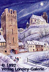 4012 Oberwesel am Rhein, Niederbachtal mit Kölner-Tor-Turm und St.-Martins-Kirche, © 1995 Verlag Loreley-Galerie
